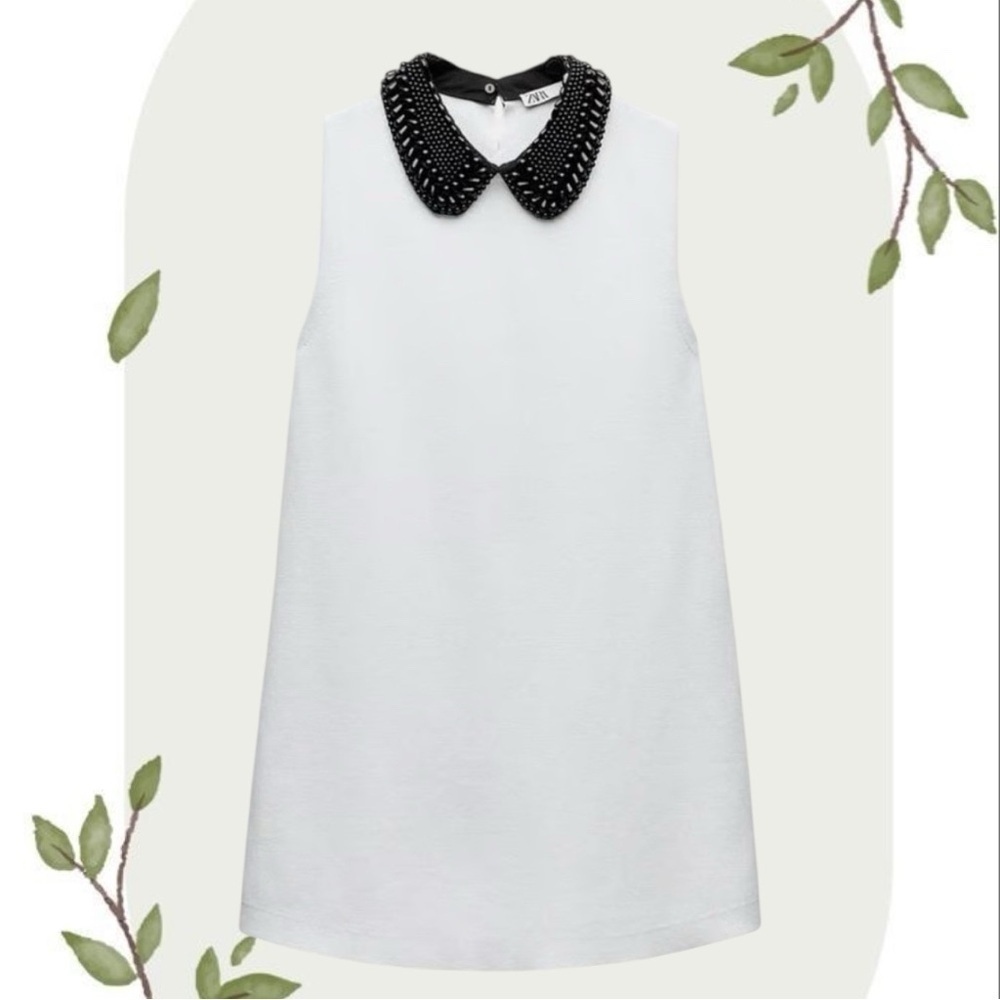 Zara White Knit Sleeveless Mini Dress w/ Dramatic Beaded Bib Collar- Size Small